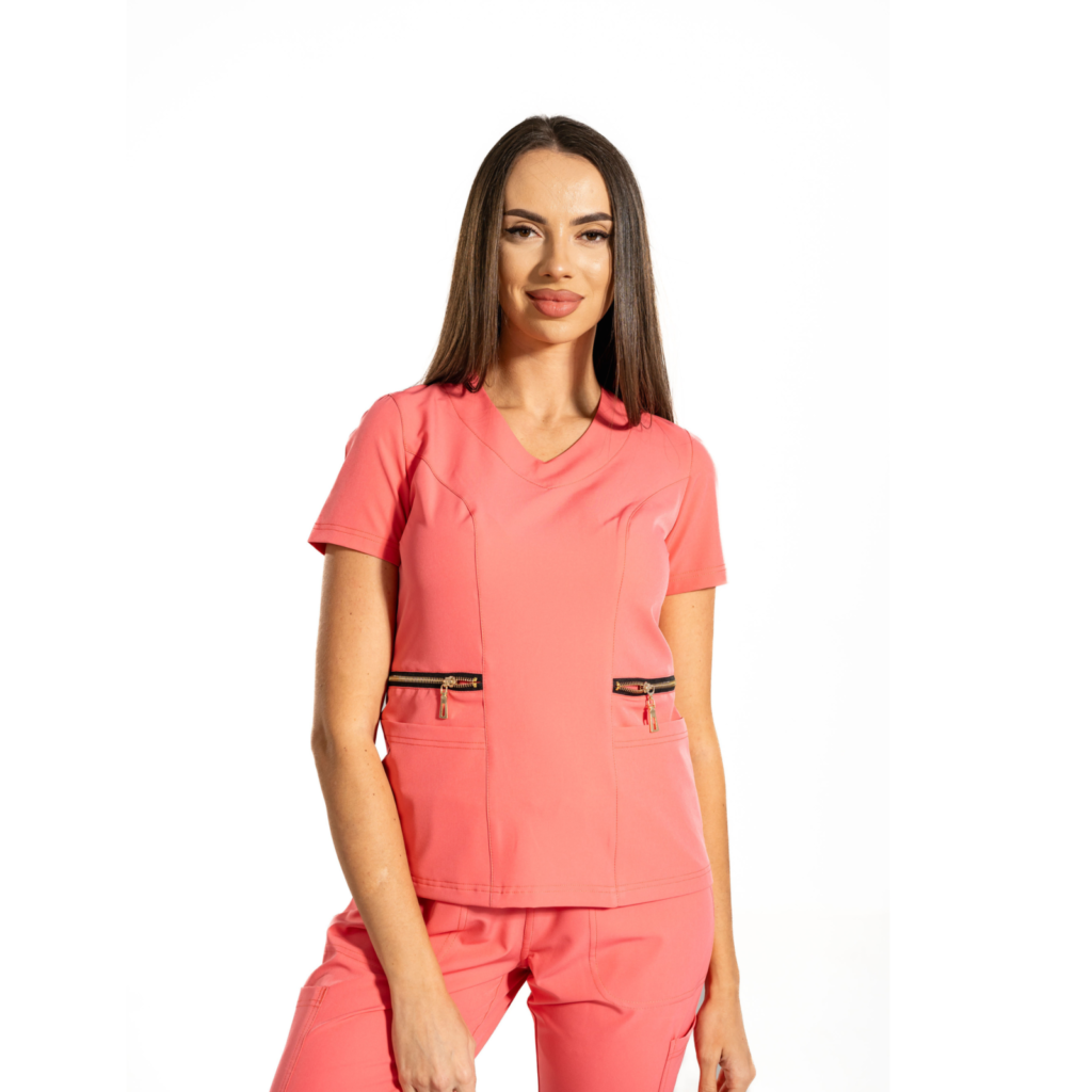 Zip-Glam women’s medical blouse with V-neckline