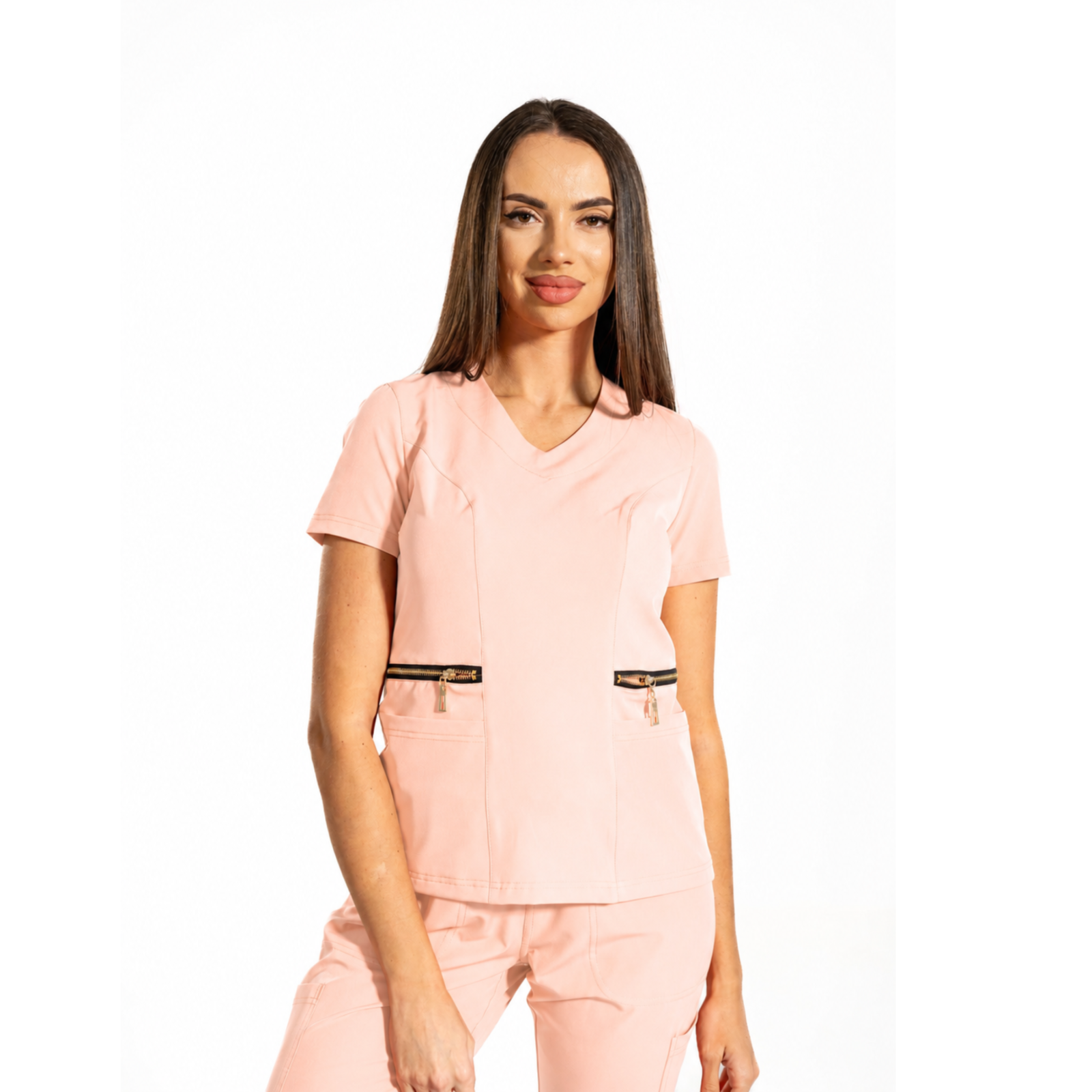 Zip-Glam women’s medical blouse with V-neckline