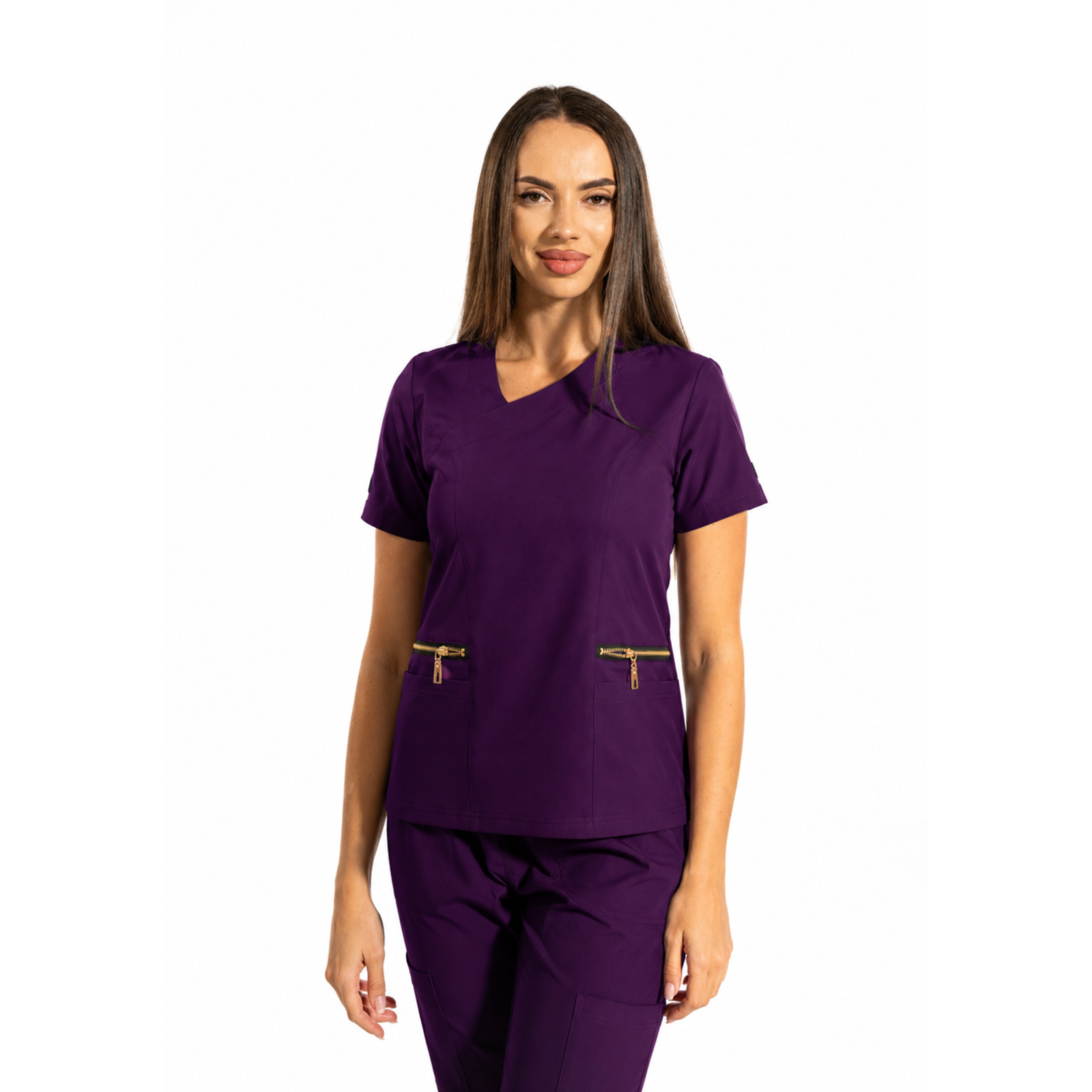Zip-Glam women’s medical blouse with V-neckline