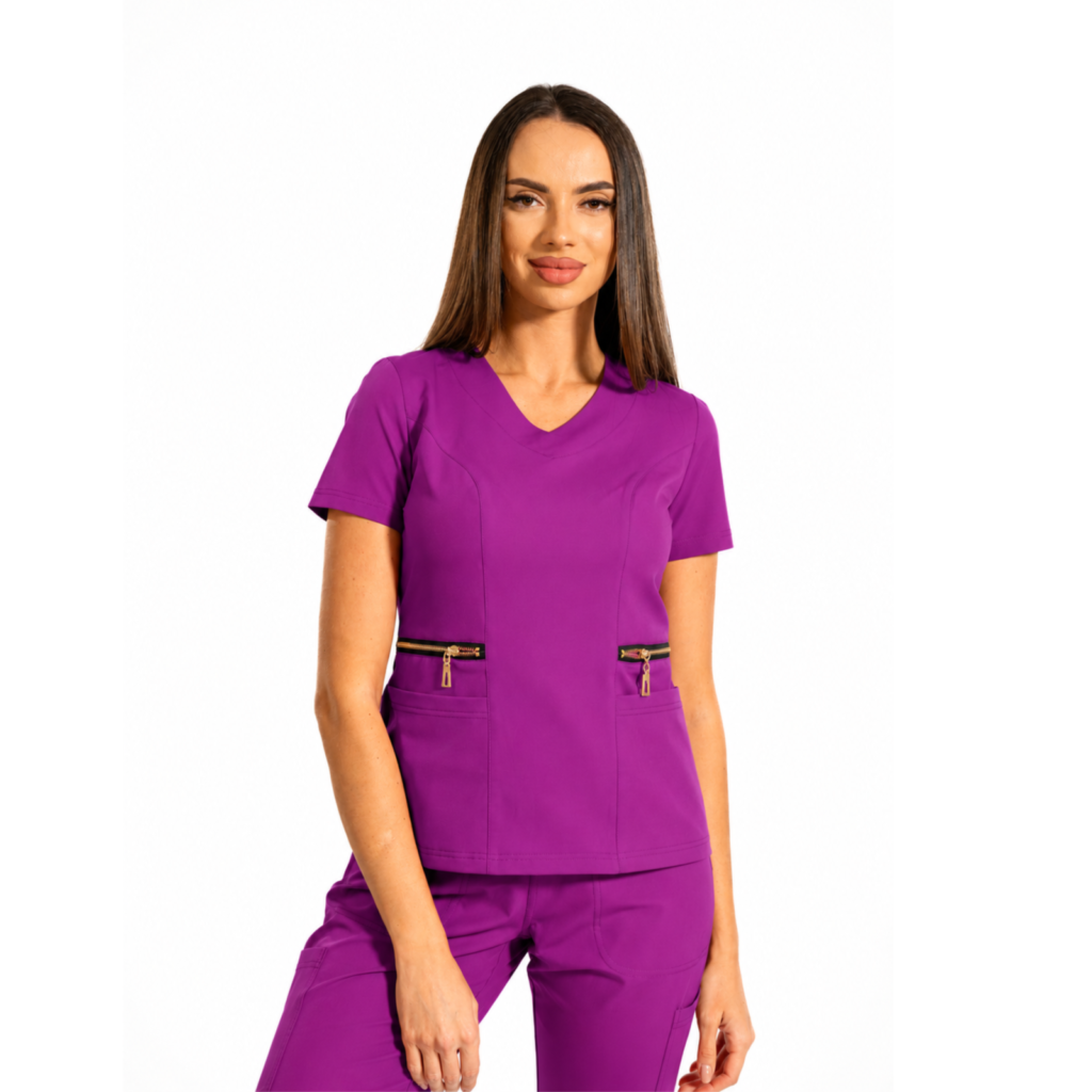 Zip-Glam women’s medical blouse with V-neckline