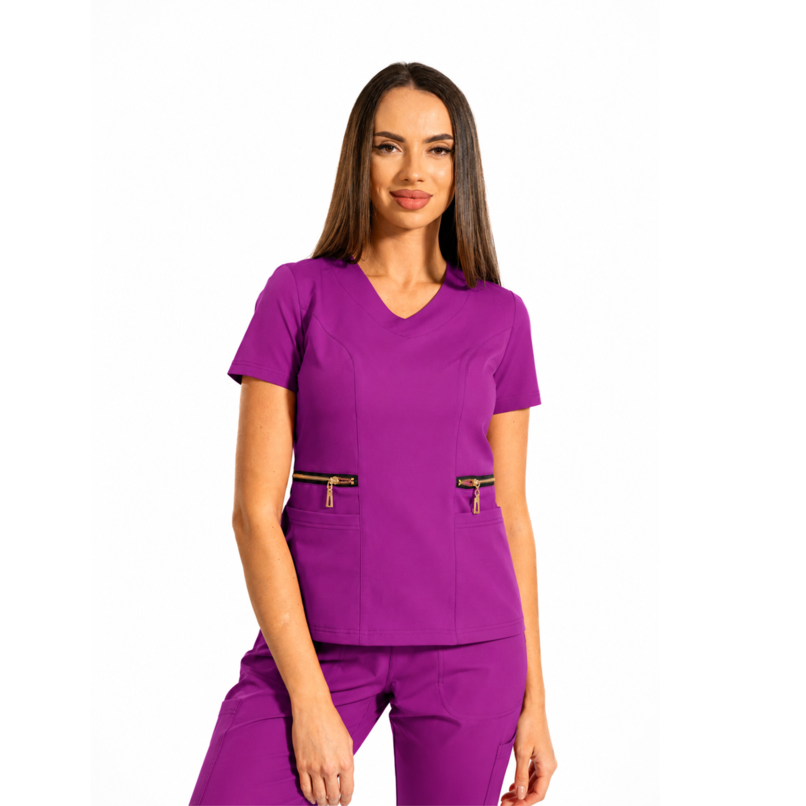 Zip-Glam women’s medical blouse with V-neckline