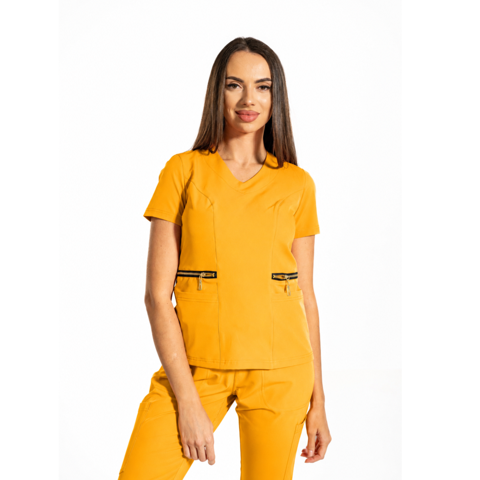 Zip-Glam women’s medical blouse with V-neckline