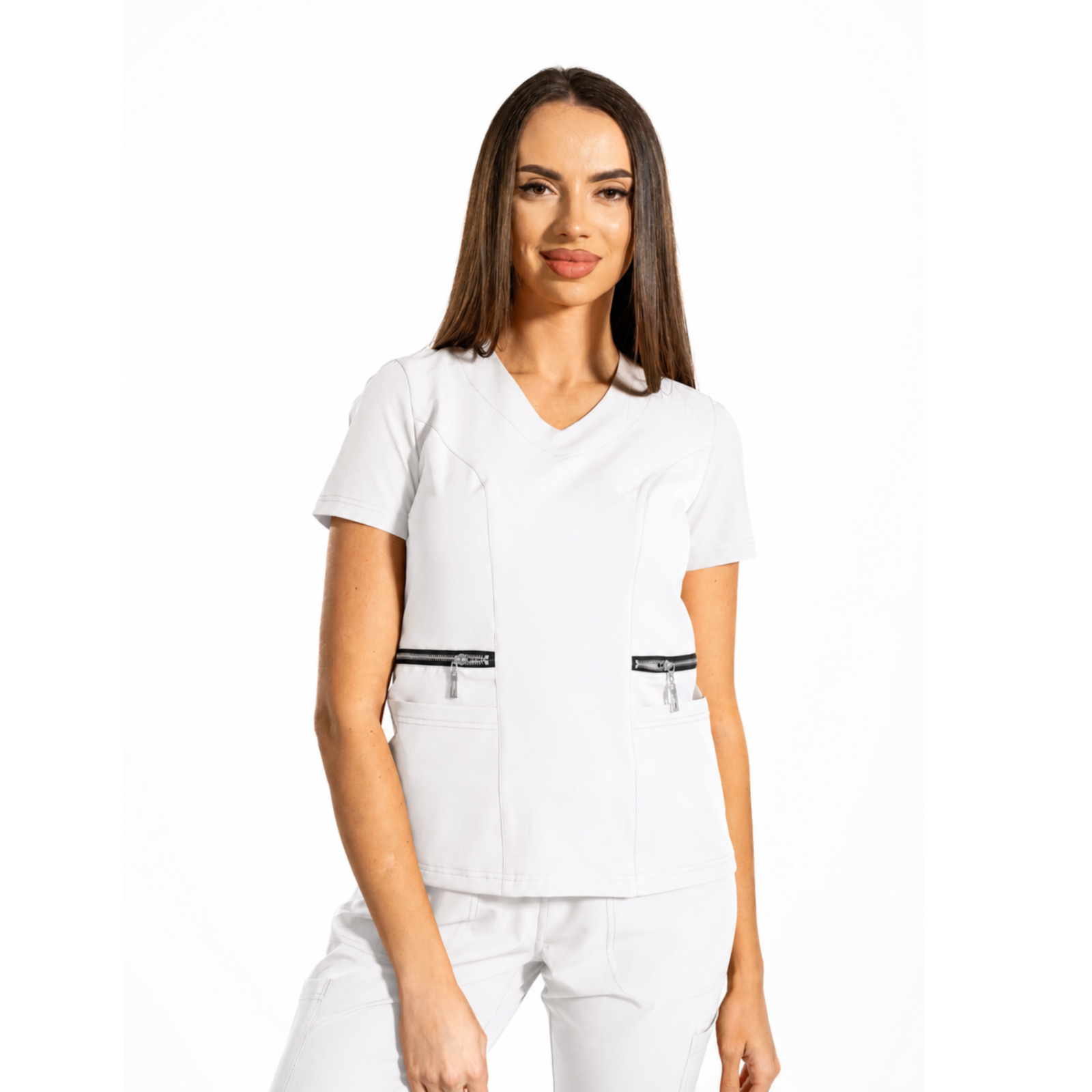 Zip-Glam women’s medical blouse with V-neckline