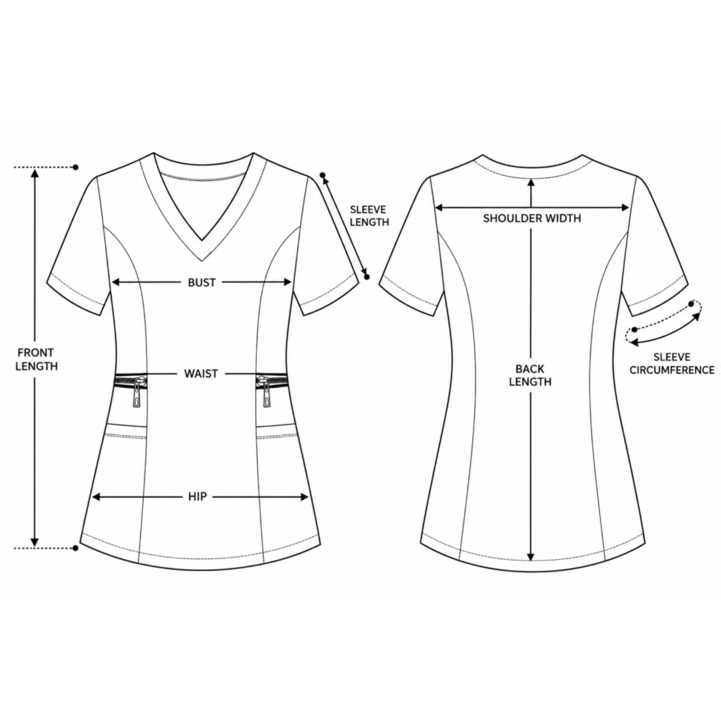 Zip-Glam women’s medical blouse with V-neckline