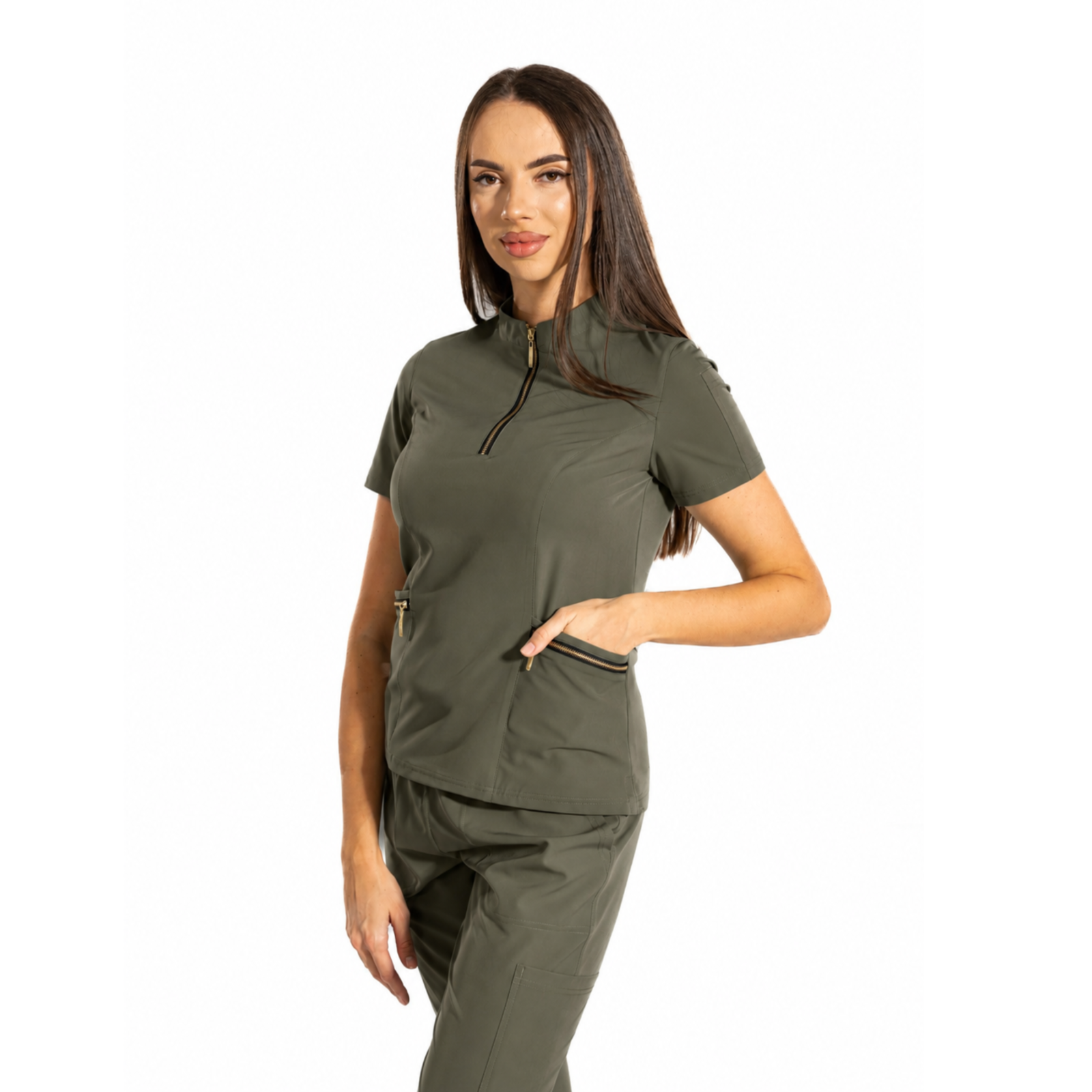 Elite Zip women’s medical blouse with mandarin collar