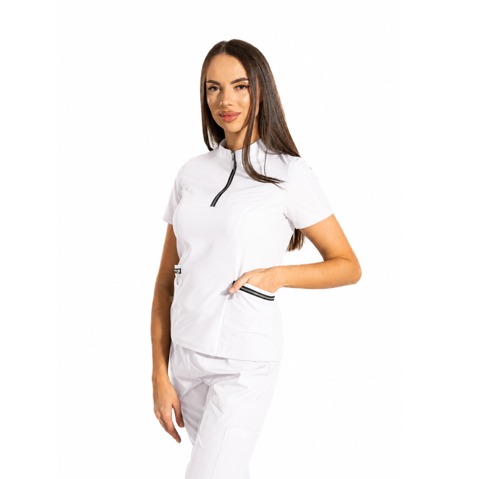 Elite Zip women’s medical blouse with mandarin collar