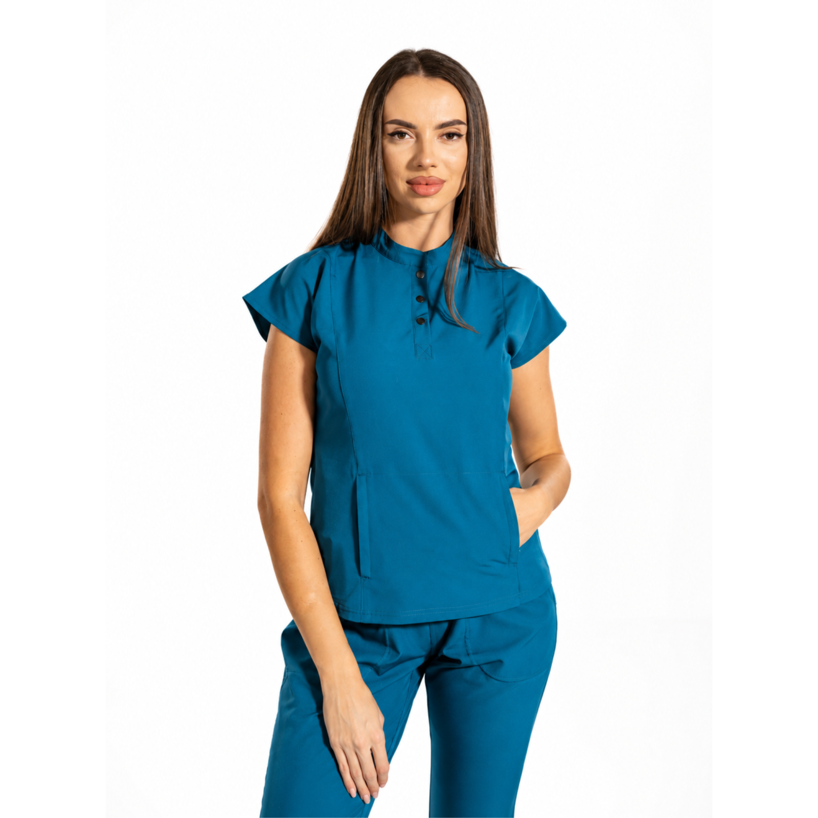 Urban Tech women’s medical blouse with mandarin collar and kangaroo pocket