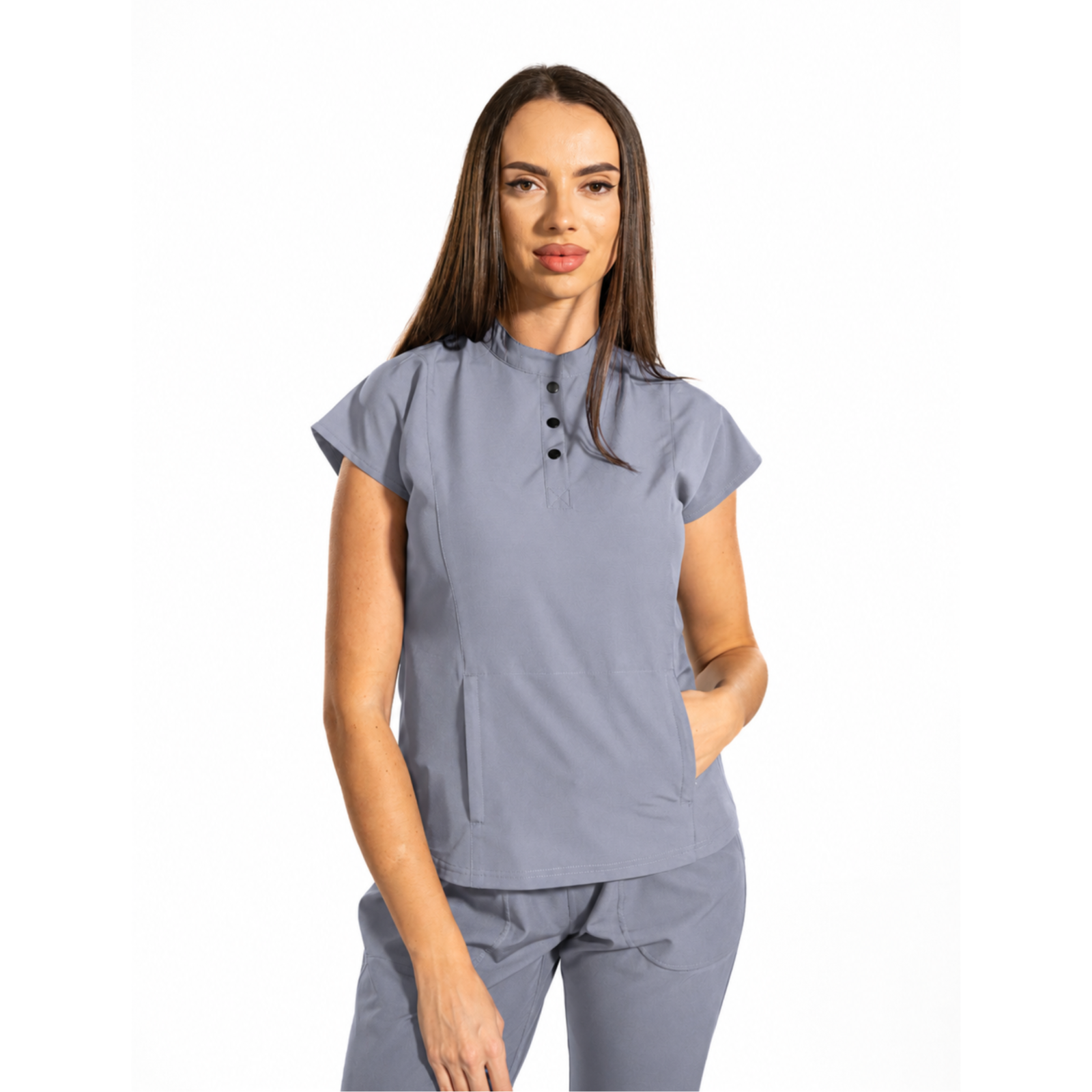 Urban Tech women’s medical blouse with mandarin collar and kangaroo pocket