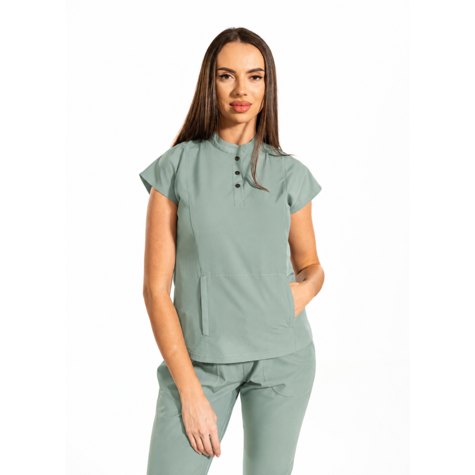 Urban Tech women’s medical blouse with mandarin collar and kangaroo pocket
