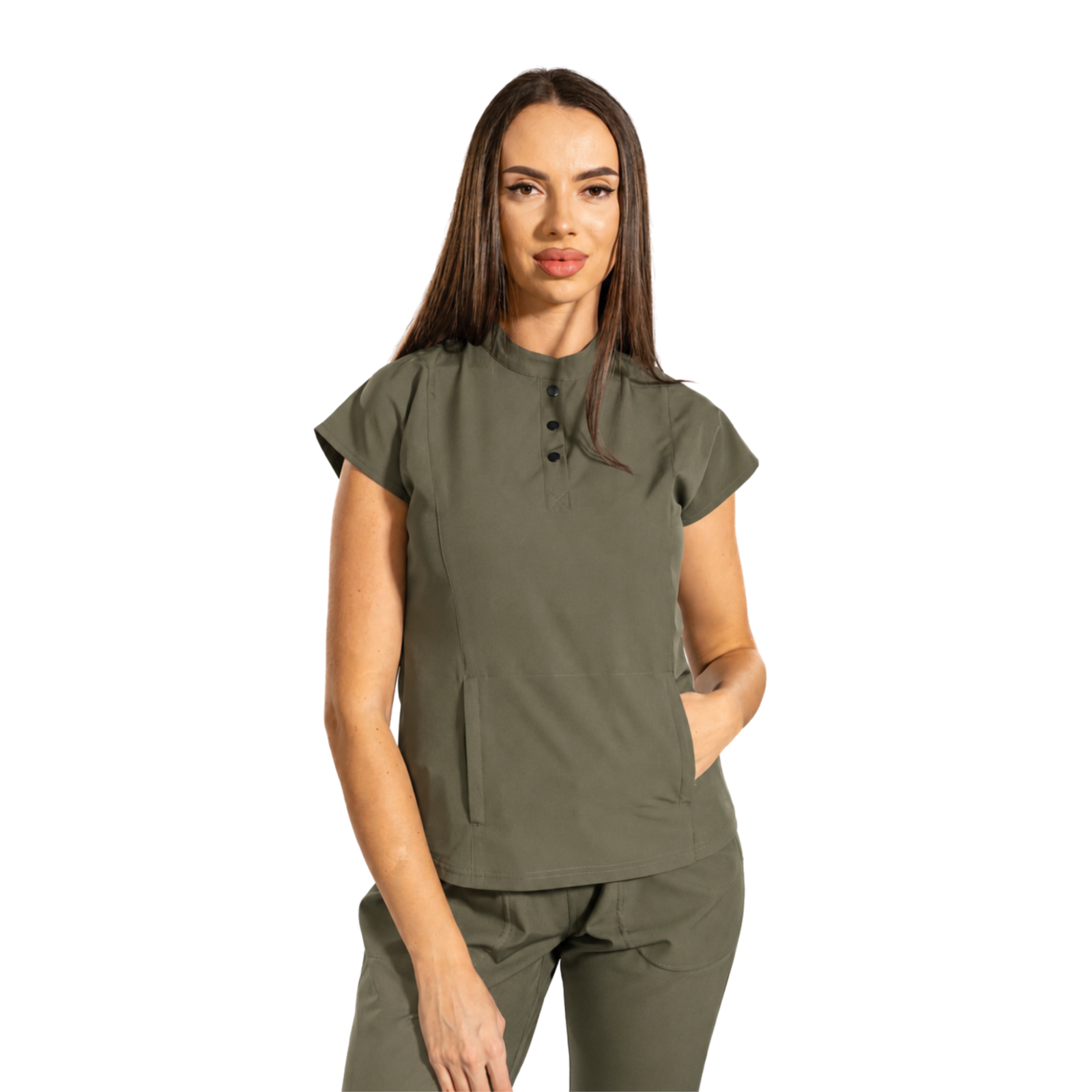Urban Tech women’s medical blouse with mandarin collar and kangaroo pocket