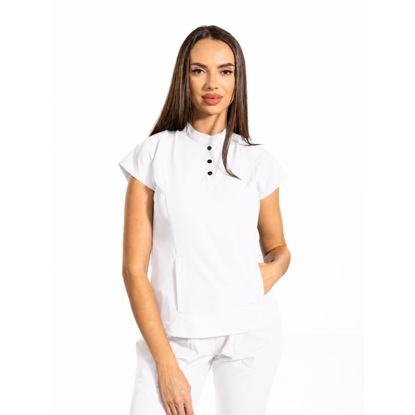 Urban Tech women’s medical blouse with mandarin collar and kangaroo pocket